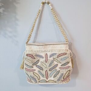 Beautiful Beaded Handbag - White, Pink, Blue